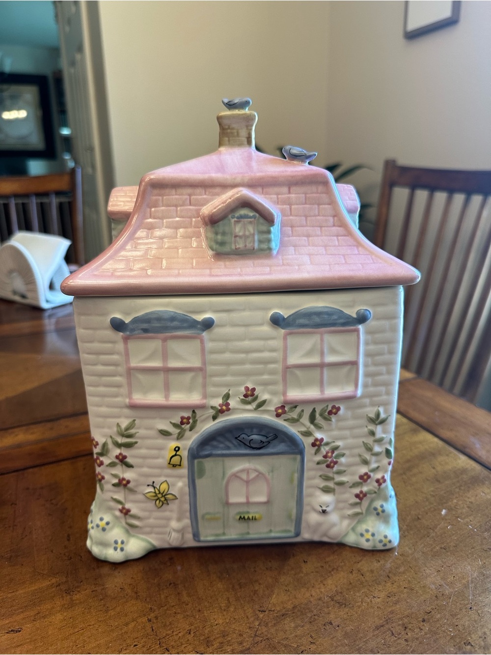 Pfaltzgraff Pink and White Ceramic Cottage Cookie Jar